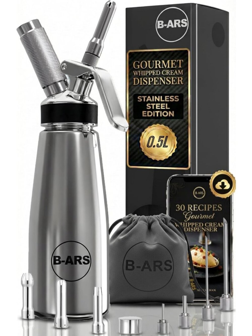 Whipped Cream Dispenser 500ml - Stainless Steel, Includes Nozzles & Cleaning